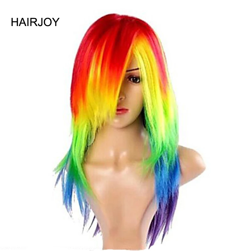 HAIRJOY włosy syntetyczne damskie Cosplay tęczowa kreska wielokolorowy żaroodporna imprezowa peruka darmowa wysyłka