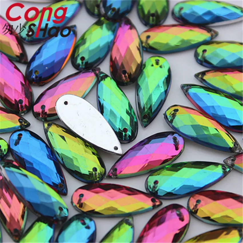 Cong Shao 100pcs 8*21/8*28mm Rainbow color Crystal Stones Acrylic Rhinestone Flat Back  sewing 2 Hole Wedding Dress Button CS338