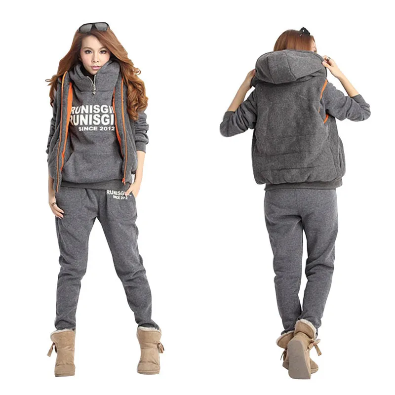 Women Tracksuits Autumn Winter 3 Piece Set Hoodies + Vest + Pants Sport Suit Letter Printed Fleece Jogging Running Suits Female