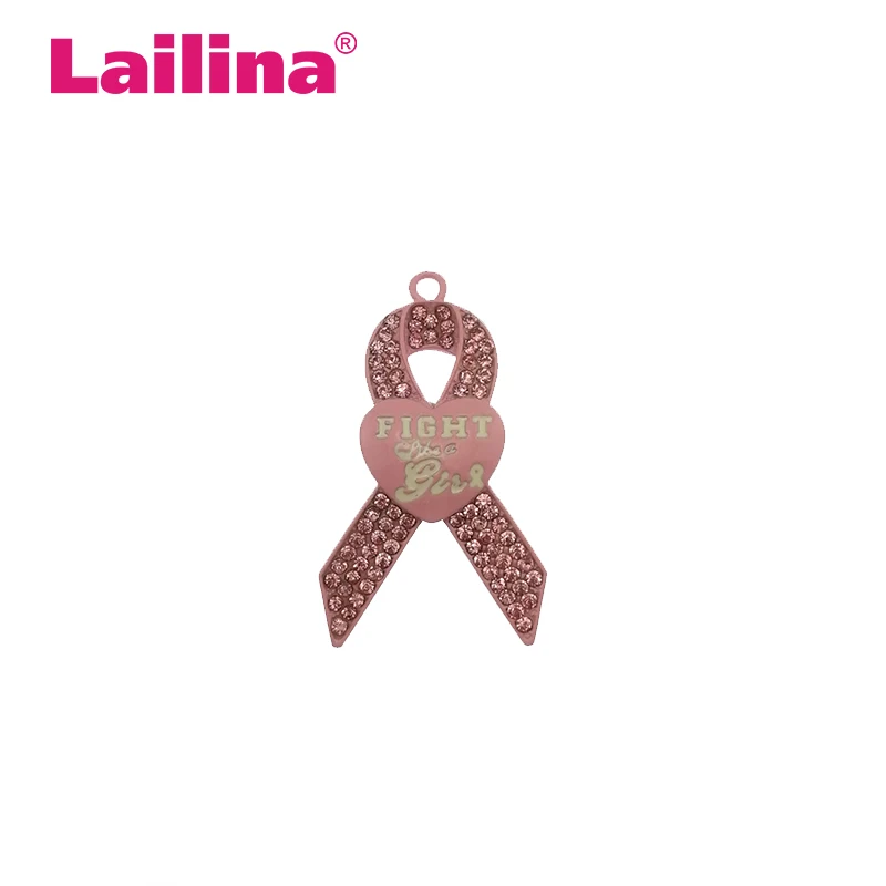 

50pcs/lot Pink Crystal Breast Cancer Awareness Ribbon Pendant with Fight