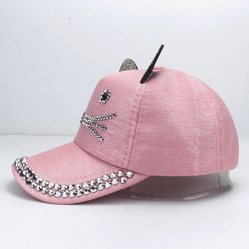 Unisex Baseball Cap Children Cat Ears Rivets Sun Cowboy Hat Snapback Rhinestones Diamond Cap for Boy Girls Casual Cap Bone Gorro