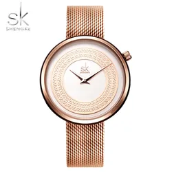 Shengke-relojes de diseño Vintage para mujer, Reloj clásico de lujo, rebanada de Metal dorado, Zegarek Damski