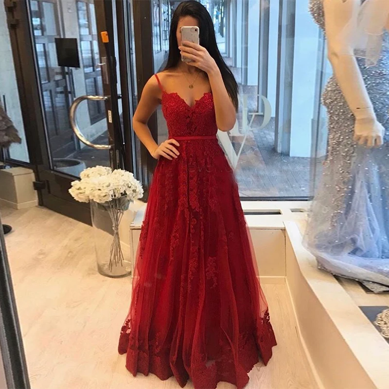 Elegancki dekolt w serek sukienka na studniówkę-line aplikacje bordowy Robe De Soiree Spaghetti pasy Vestido De Noite kobiety sukienki wizytowe