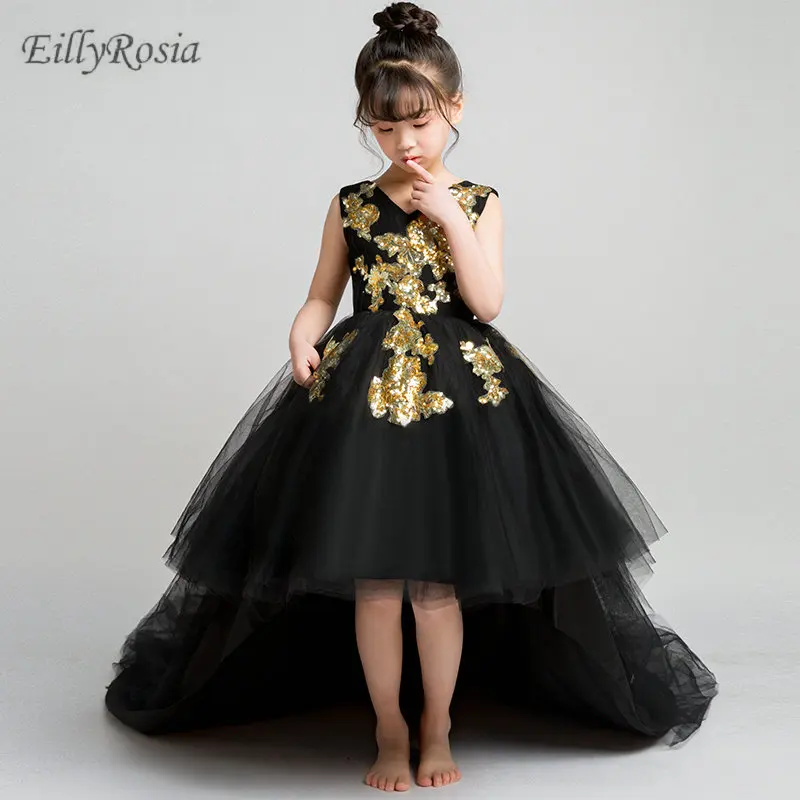 Gold Appliques Black Flower Girls Dresses for Wedding Party Long Train Tulle Beautiful High Low Girls Pageant Party Gowns Kids