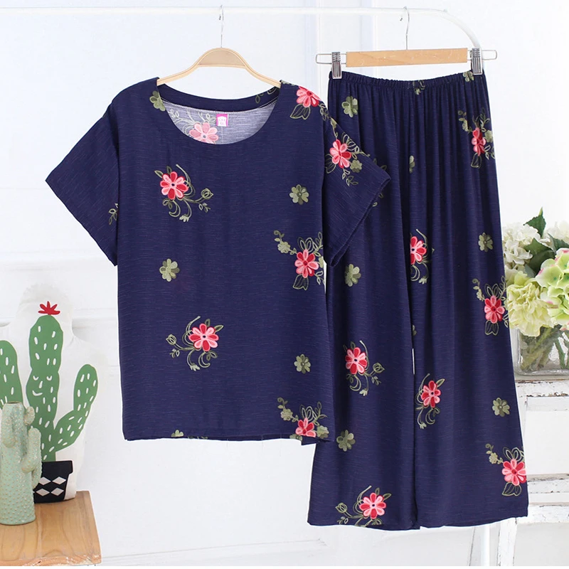 New Female Pajamas Set Sleepwear Women Cotton Linen Print Flower Pyjamas Summer Casual Loose Nightwear Home Wear