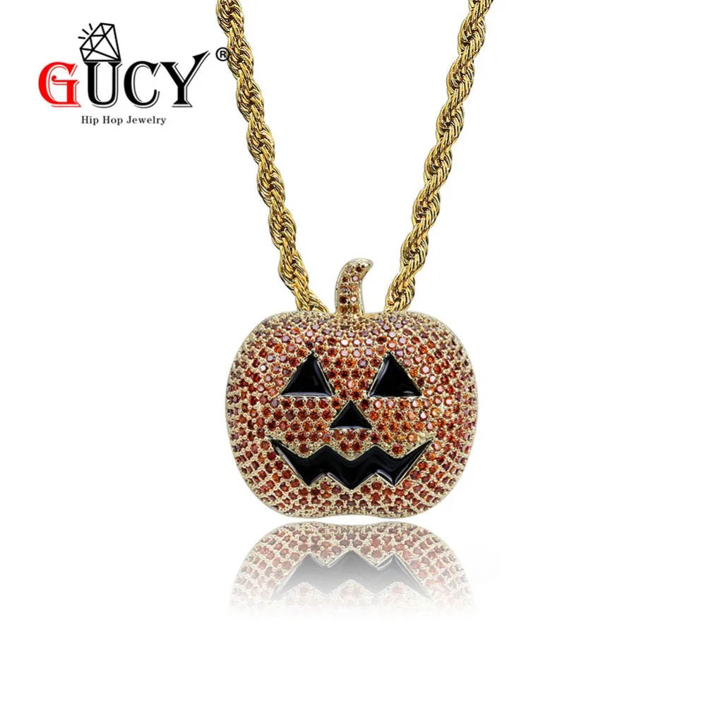 GUCY Orange Red Pumpkin Pendant Necklace Bling Iced Out Cubic Zircon Men's Hip Hop Jewelry with Tennis Chain For Halloween Gift