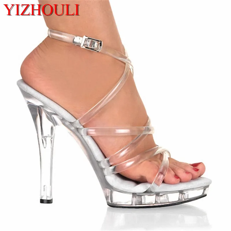 13cm sexy ultra high heel performance shoes crystal bridal wedding shoes, ladies stage transparent 5-inch fashion sandals