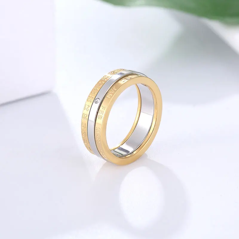 New Rotatable Month And Date Crystal Ring For Women Top Quality Stainless Steel Gold And Silver Color Ring Wedding Jewelry