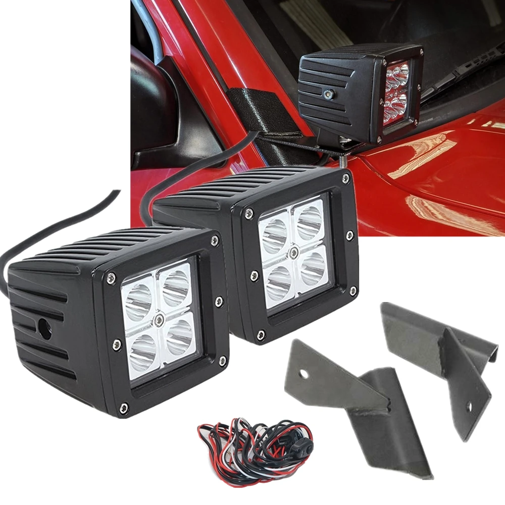 2pc16W 3X3 LED Work Fog Light Pod Kit With A Pillar Mounting Brackets Set for 1984-2001 Jeep Cherokee XJ