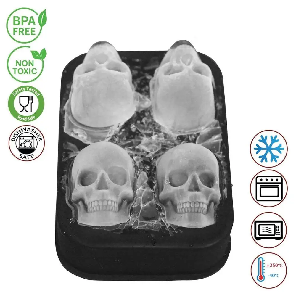 LMETJMA 3D Skull Ice Cube Tray With Funnel Silicone Flexible 4 Cavity Ice Maker Molds Ice Cube Maker Ice Cream Tools KC0294