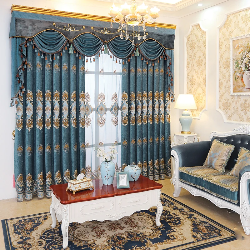 Custom curtains luxury Chenille upscale European blue embroidery thicken cloth blackout curtain tulle valance N236