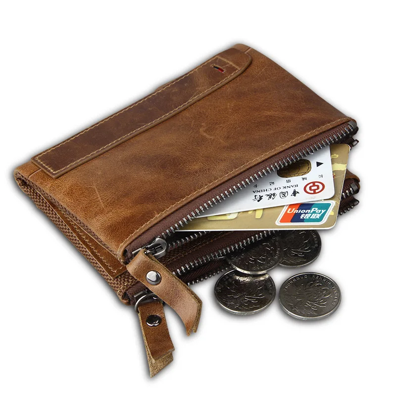 2019 Vintage Genuine Cow Leather Men Wallet ID Card Holder Coin Purse Male Wallets Double Zipper Small Mam Mini Purse Carteira