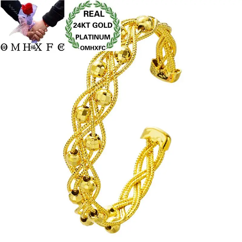 OMHXFC Wholesale European Fashion Woman Girl Party Wedding Gift Knitting Lucky Beads 24KT Gold Open Bangles Bracelets BE126