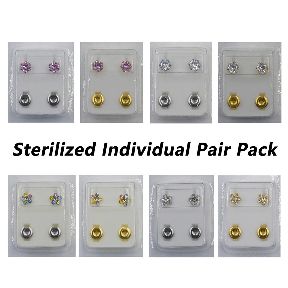 Pair of Ear Piercing Stud Earring Jewelry with CZ Gem Crystal Fashion Style Star Heart Pearl Butterfly Charm Daisy Flower