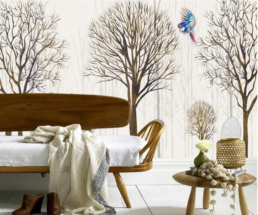 

Custom Simple retro tree forest Parrot wallpaper,hotel room coffee shop living room TV sofa bedroom murals papel de parede