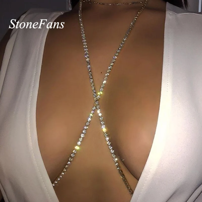 StoneFans Crystal Body Jewelry Chains Rhinestone Bikini Top Harness Simple Body Chain Sexy for Women
