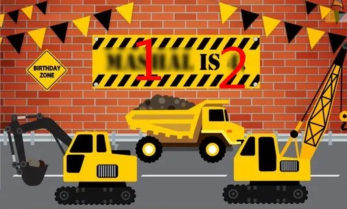 Fondo de fiesta con impresión por ordenador, bandera de construcción personalizada, camión, grúa de cumpleaños, pared de ladrillo rojo