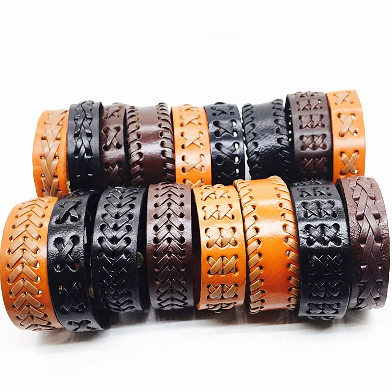 MIXMAX 50pcs men leather bracelet bangle wristband vintage retro women unisex handmade Press button black brown fashion jewelry