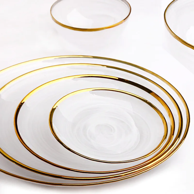 Golden Edge Glass Flat Plate Dinnerware Set, Salad Bowl, Dinner Plate, Mist Side Food Tray, Elegant Glass Tableware, Soup Bowl