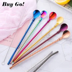 Reusable Stainless Steel Long Drinking Straw Spoon Spiral Pattern Cocktail Milk Coffee Juice Stirring Spoon With Brush Bar Tools