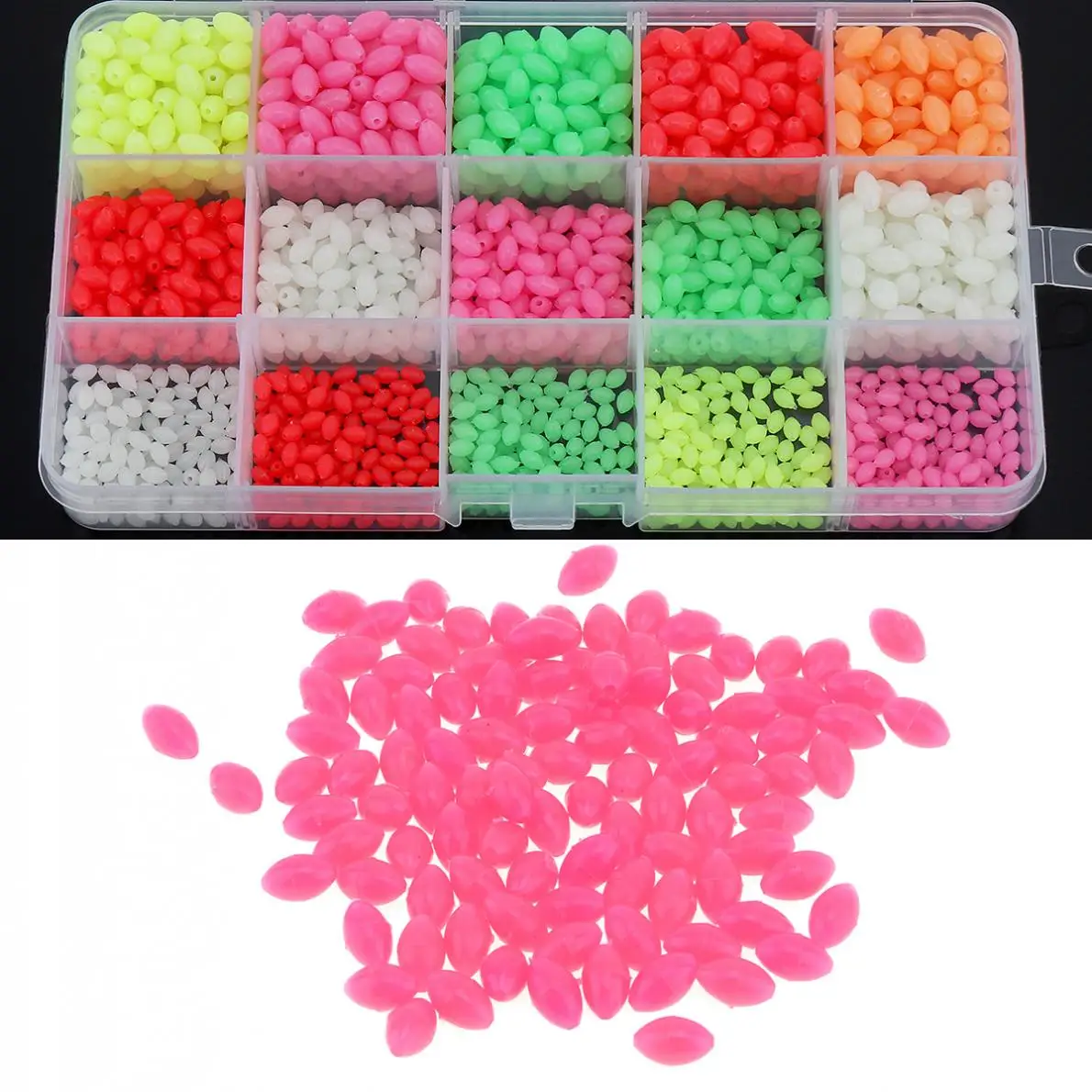 1500 sztuk kolorowych owalnych, twardego, świecącego koralika wędkarskiego 3 x 4 mm 4 x 6 mm 5 x 8 mm 3 rozmiary Mieszane przynęty morskie Pływający spławik z pudełkiem