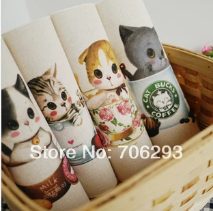 Hand dyed 4 Assorted Cotton Linen Printed Quilt Fabric For DIY Sewing Patchwork Home Textile Decor 20x30cm cat  in the cup