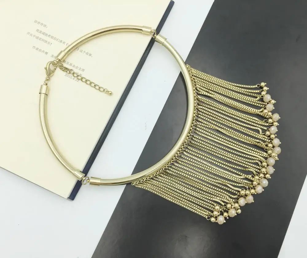 2018 Fashion Crystal Beads Pendant Choker Necklaces Women Gold Color Long Tassel Necklace Ethnic Collar Chain Luxury Jewelry