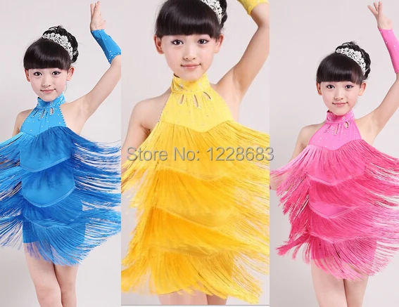 New 2020 Children Kids Blue Yellow Pink Stage Performance Competition Fringe Dance Costumes / Latin Fringe Dress For Girls