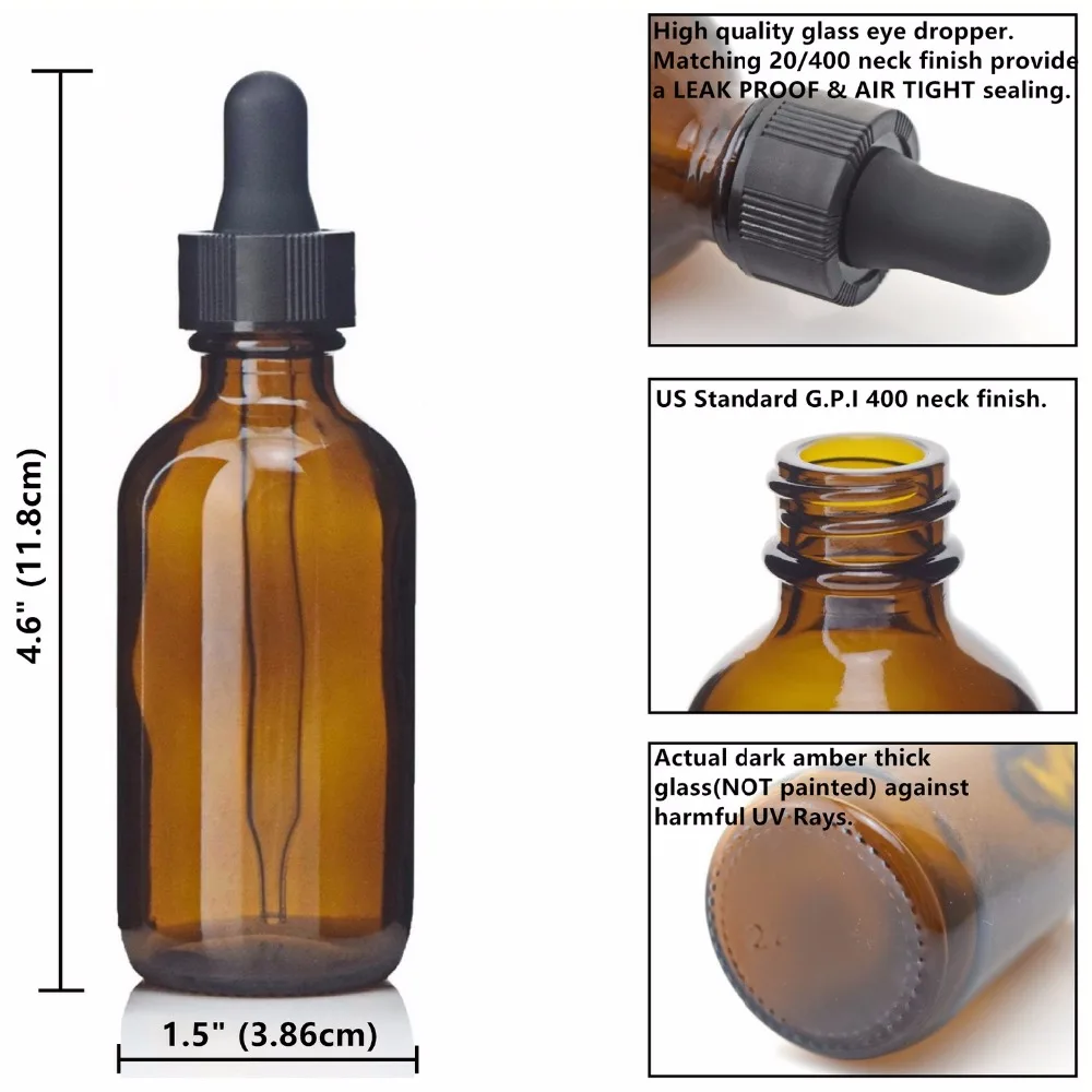 12pcs 2 Oz 60ml Eye Dropper Bottle Empty Refillable Amber Glass Tincture Bottles with Pipette for Essential Oils Lab Chemicals