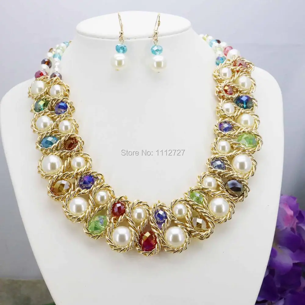 

Beautiful Imitation Pearl Crystal Necklace&Earrings Sets Chain Charming For Women Girls Gifts Design 18inch Beads 3Row Wholesale