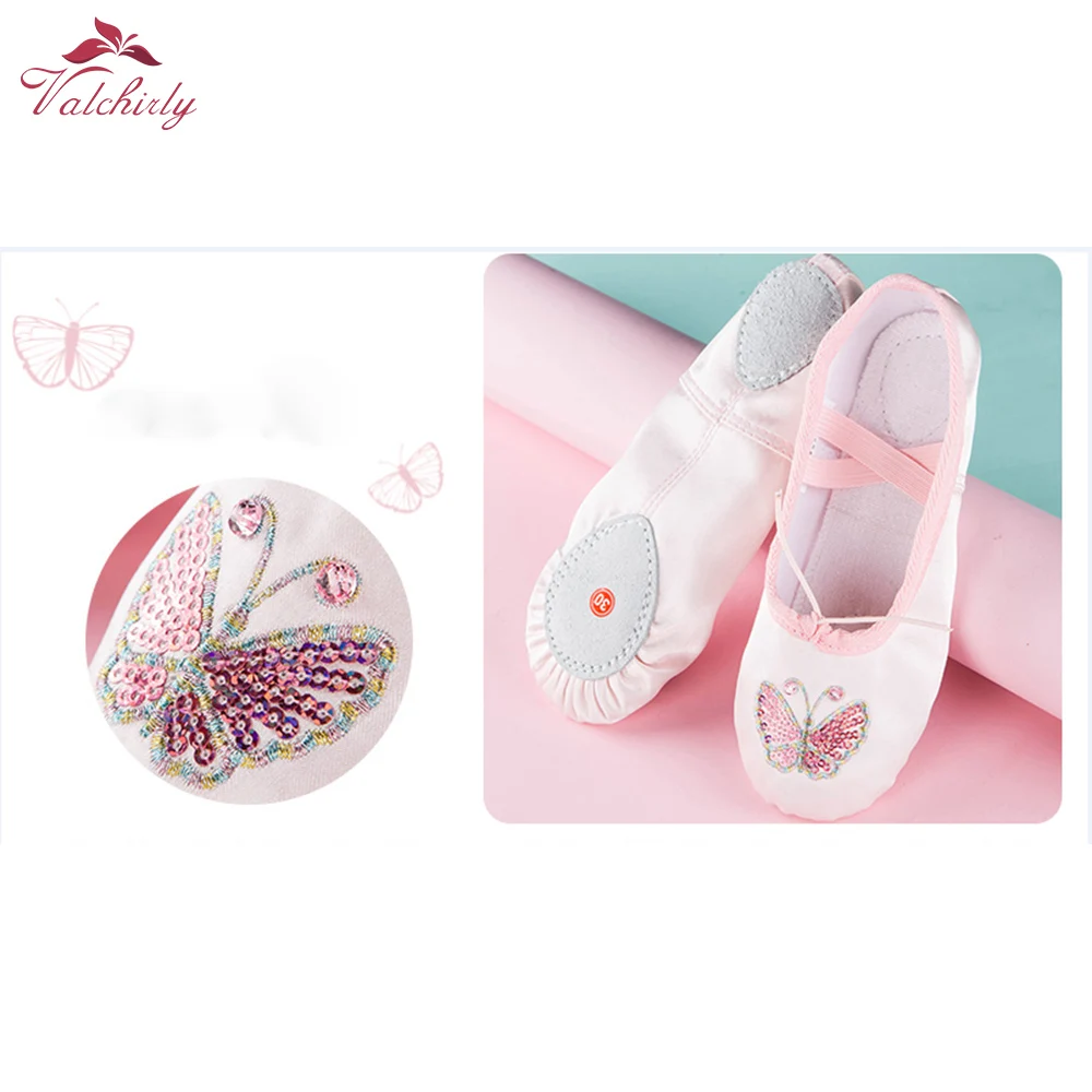 Satin Ballet Shoes Dance Flat Ballet Shoes with Sequins for girls Crown Butterfly Decoration Good Quality