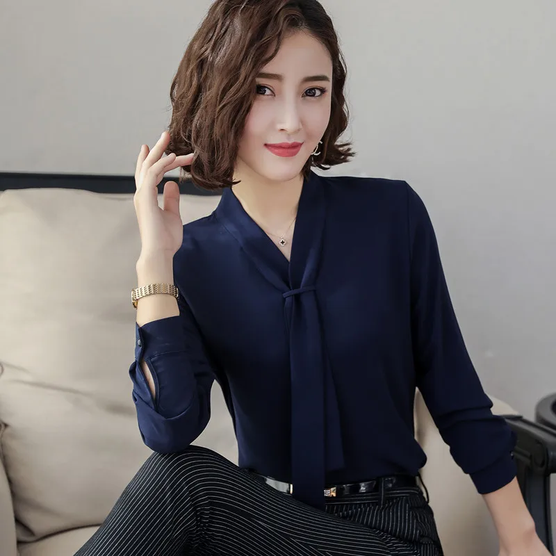 New Fashion Temperament Women Clothing Long Sleeve Blouses Formal Slim Tie Chiffon Shirt Office Ladies Tops Navy Blue Blusas