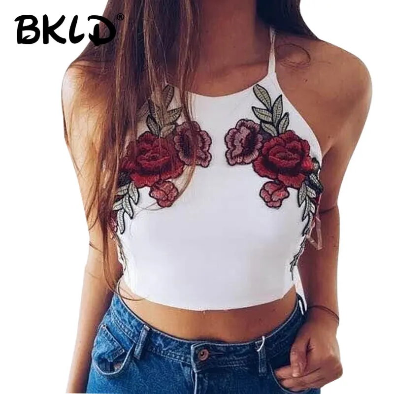 

BKLD Fashion 2025 Summer New Tanks Top Women Rose Embroidery Top Sexy White Women Camis Tank Female Crop Tops Halter Sexy Femme