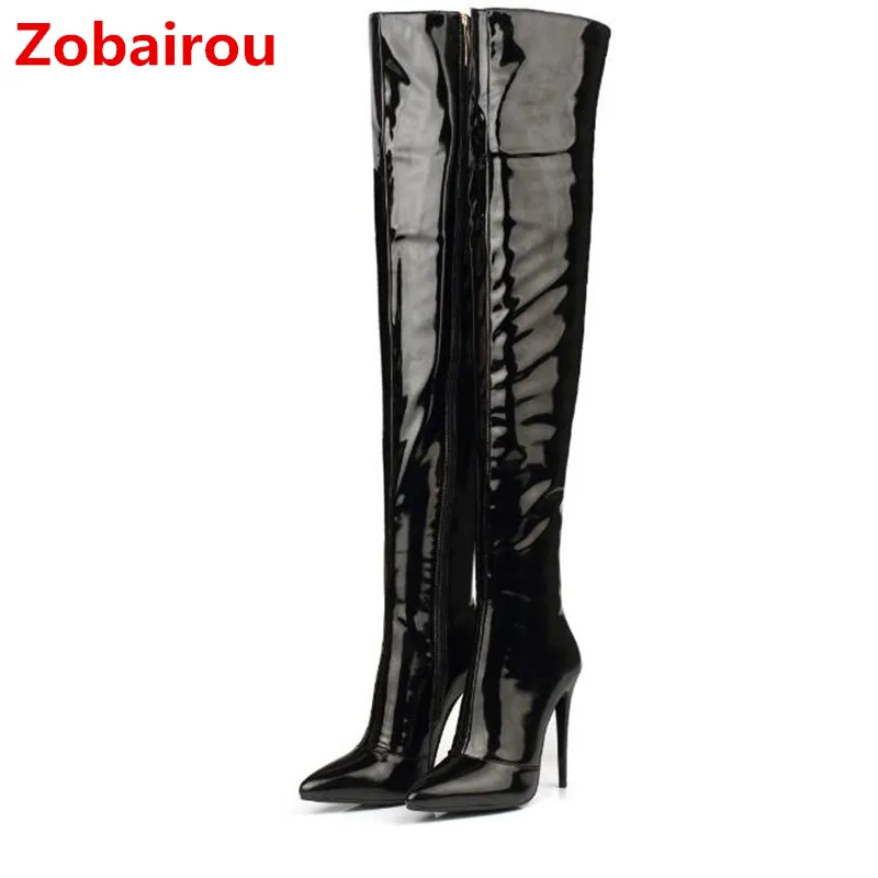 

Zobairou Extreme High Heels Black Patent Leather Long Bota Feminina Red Latex Sexy Overknee Rain Boots Slim Shoes Woman 2018