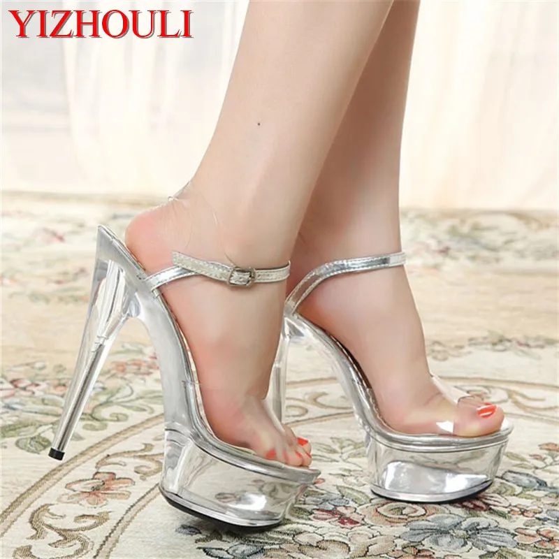 Sexy women of, crystal wedding dress with 15cm heel sandals, sheer sexy nightclub party shoes