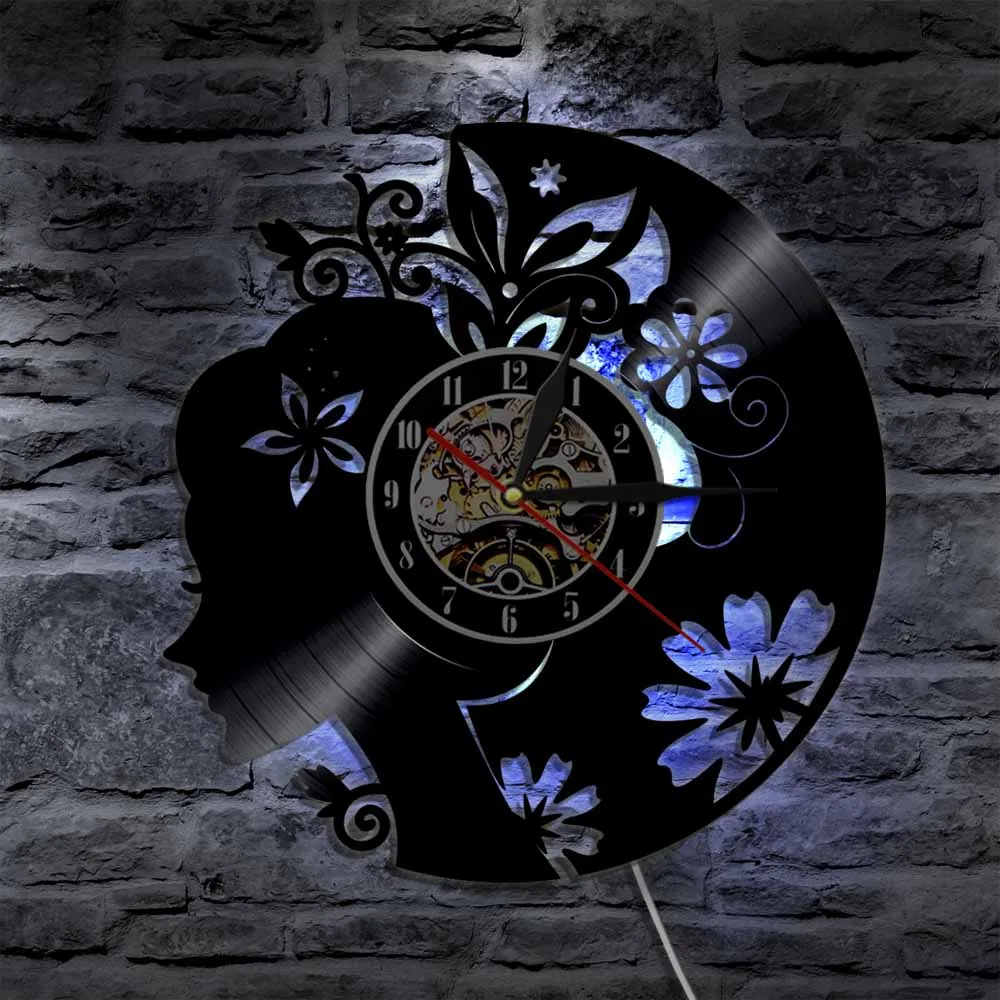 Beautiful Lady And Flowers Vinyl Record Wall Clock With LED illumination Floral Hair Fashion Girl Home Decor Wall Art