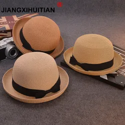 wholesale Lady Boater sun caps Ribbon Round Flat Top Straw Fedora Panama Hat summer hats for women straw hat snapback gorras