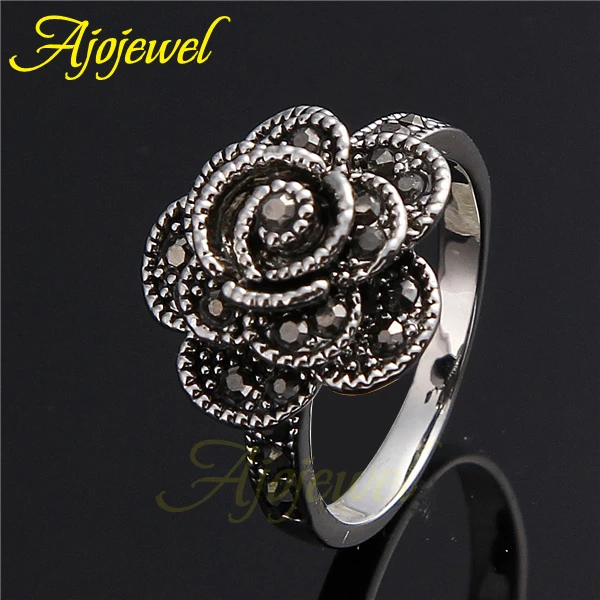 Ajojewel #7-9 Thin Flower Ring With Black Rhinestones Hot Selling Retro Jewelry Bijoux Cute Gift