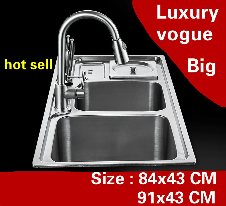 

Free shipping Apartment vogue luxury kitchen double groove sink do the dishes 304 stainless steel hot sell big 84x43/91x43 CM