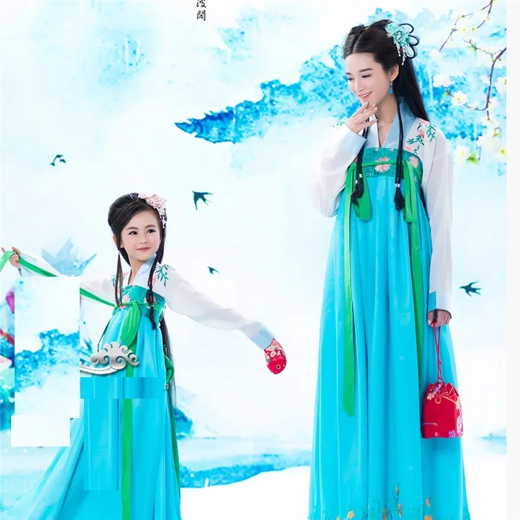 Qing Ping Le Tang Princess High Waist Mum and Daughter Parent Child Costume Sets Trditional Hanfu Stage Performance Costume