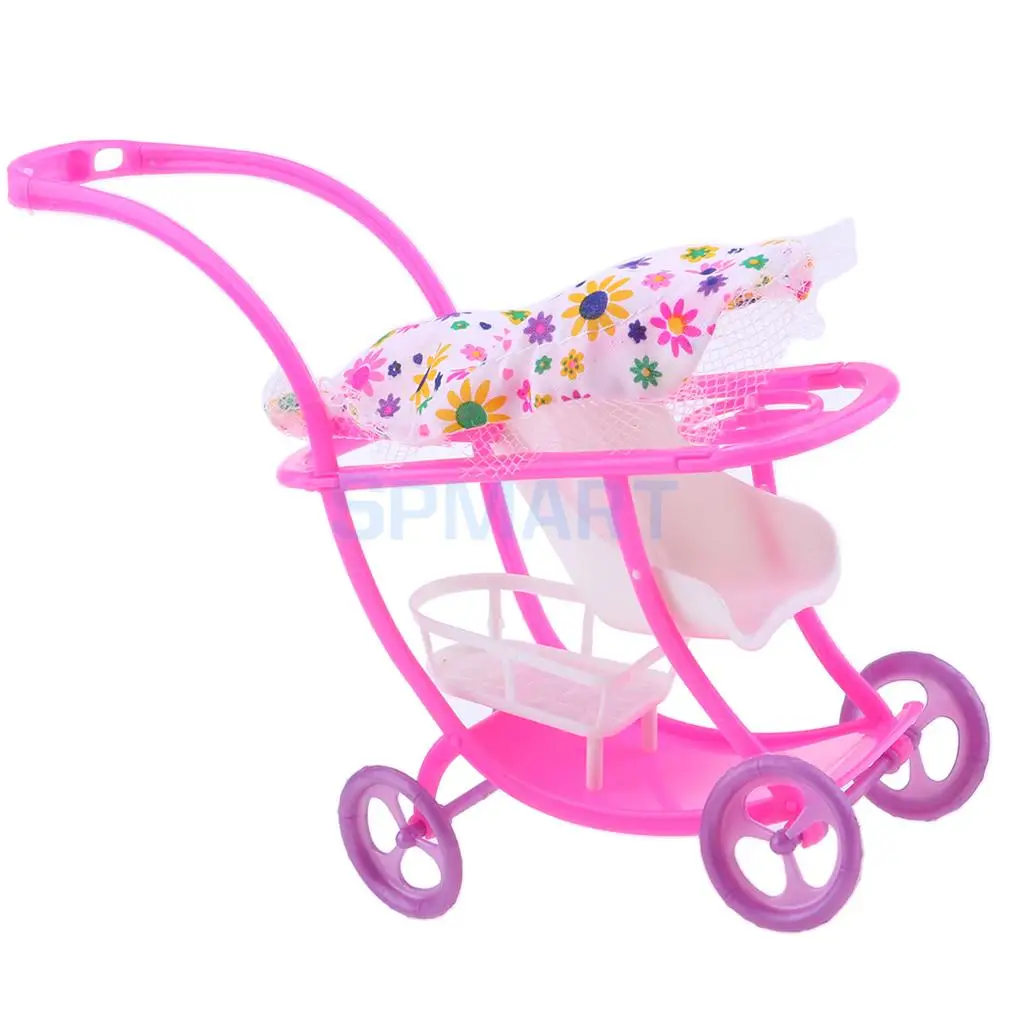 Miniature Baby Doll Stroller Push Car Dolls Trolley Furniture Bedroom Room Item Children Kids Pretend Play Toy Dolls Acc