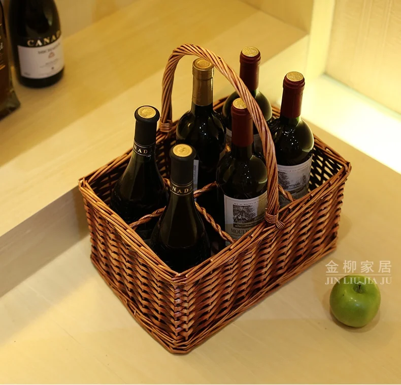 Natural and Handmade 6 Divisions Wicker and Vine Knitted Organizer Storage Basket for Wine, Beverage and Camping Picnic Supplies