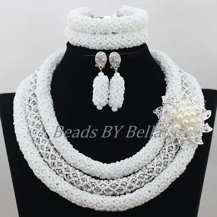 

Latest White Nigerian Beaded Necklaces Sets Crystal Bridal Jewelry Sets Necklace African Wedding Beads New Free Shipping ABF734