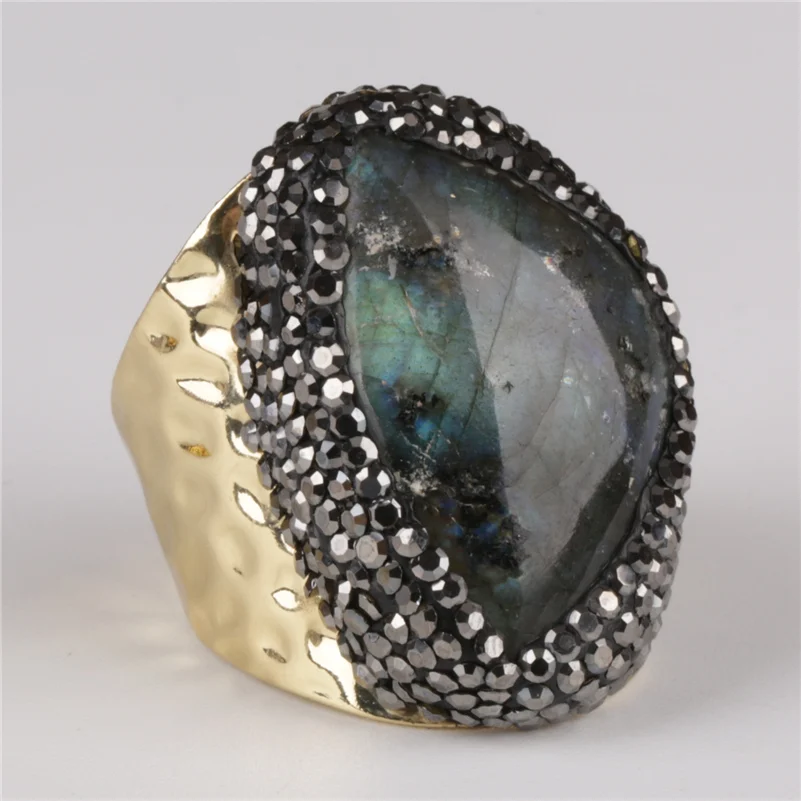 big natural dark grey gray labradorite crystal stone pave rhinestone bead charm open gold hammered ring cuff for woman man image 2