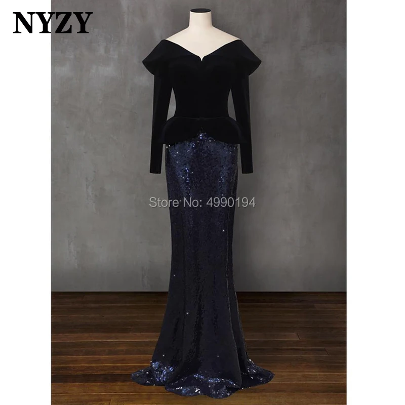 NYZY-elegante vestido de lentejuelas de manga larga, vestido de noche de terciopelo de Madre de la sirena para novia, novio, 2019