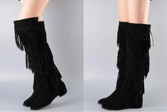 2017 New Arrival Autumn Winter Boots Women Black Dark Gray Knee High Boots Three Layers Fringe Boots Fashion Flat Heels Shoes