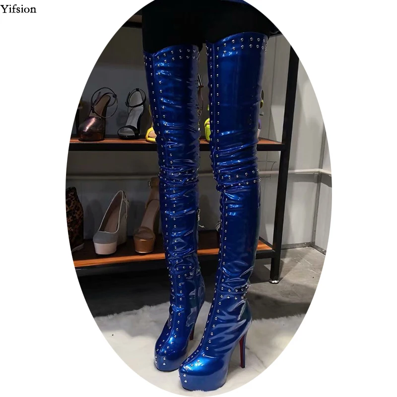 

Olomm New Arrival Women Platform Thigh High Boots Stiletto High Heels Boots Round Toe Blue Party Shoes Women Plus US Size 5-15