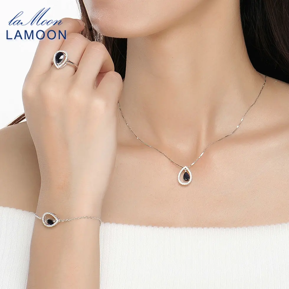 LAMOON S925 Jewelry Set For Women 100% Real Gemstone Blue Sapphire 925 sterling-silver-jewelry Princess Earring Necklace V040-5