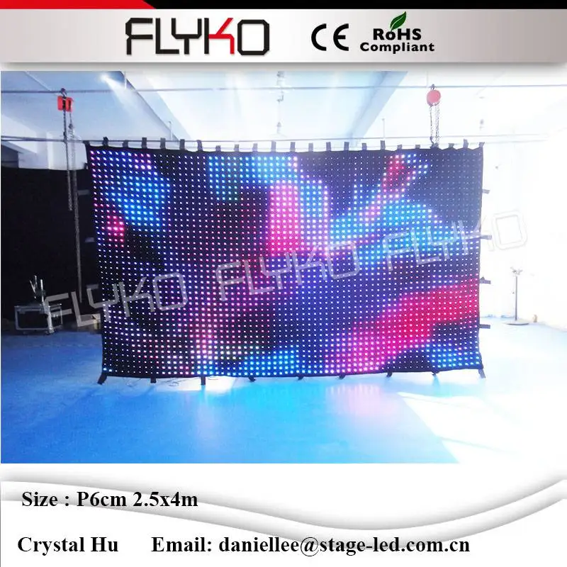 China flyko high definition rental led video curtain wonderful colorfull led video stage backgrounds wall  P60mm 2.5x4m