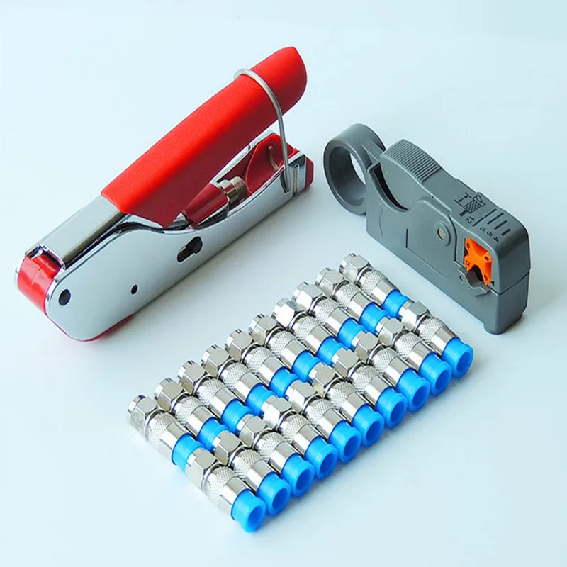 

Multitool Wire Stripping Squeezing Pliers Coaxial Cable Cold Press Clamp RG59 RG6 Cable TV Crimping Tool Set with 20 F Heads